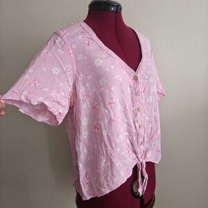 Hippie Rose Women's Top Button Front Pink Floral Tie V Neck Blouse XL